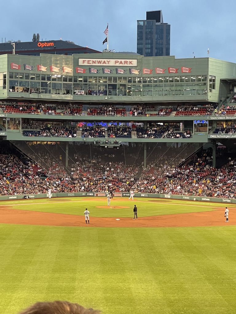 View of Fenway field from outfield during sundown. MLB Boston Red Sox, Fenway Field, Boston, Massachusetts, New England.