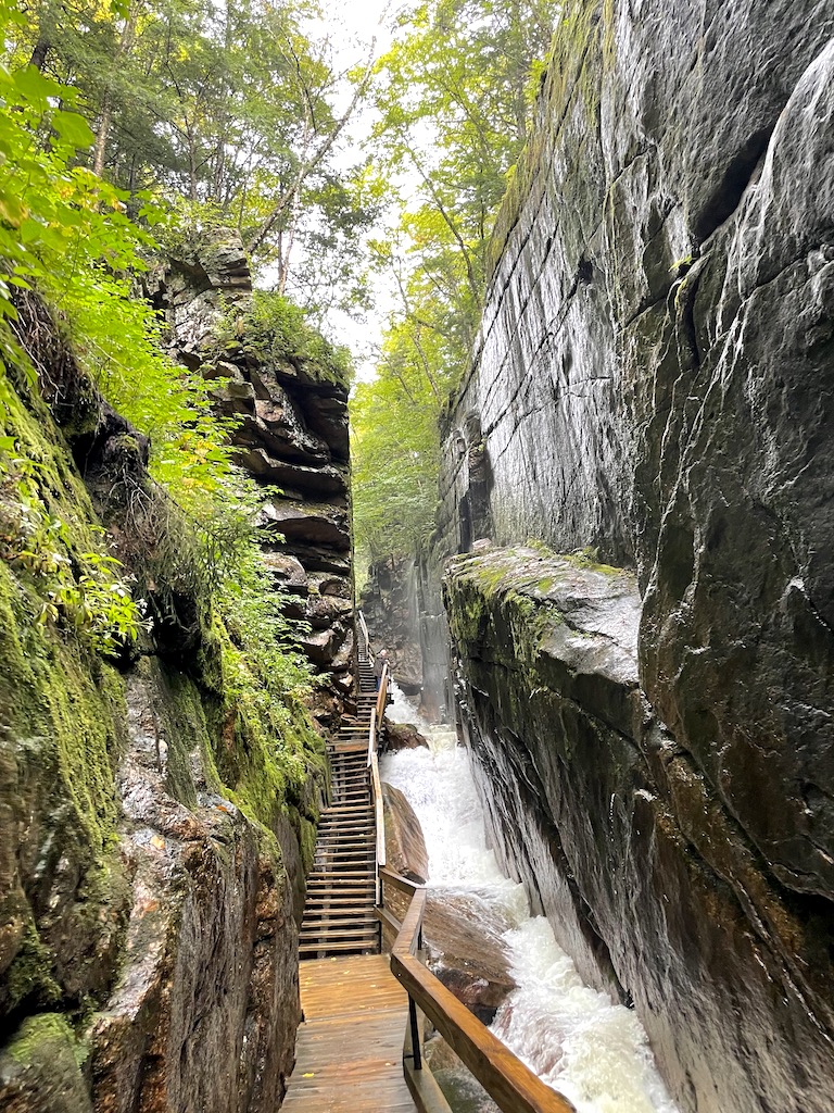 Staircase passing through narrow, granite gorge, with waterfall and river flowing through gorge, surrounded by lush green vegetation. Flume Gorge, Franconia Notch State Park, White Mountains, New Hampshire.