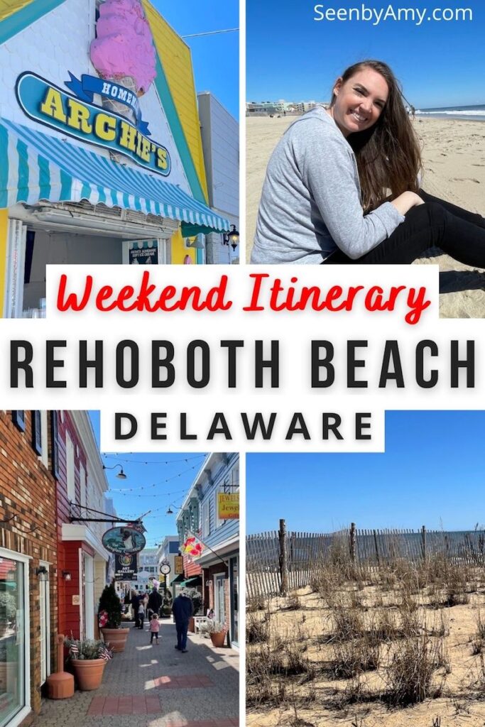 Pinterest Graphic: Photos of Rehoboth Beach with text overlay reading "Weekend Itinerary Rehoboth Beach Delaware"