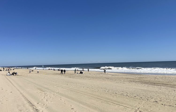 Silhouette of beach-goers on golden sand beach next to waves of Atlantic Ocean on cloud-less summer day. Rehoboth Beach, Rehoboth Beach, Delaware.